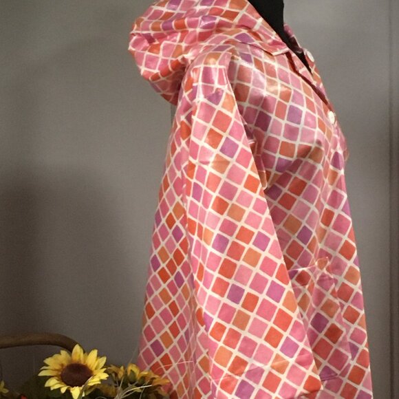 Pink Geometric Waterproof Button Up Raincoat with Hood - Picture 2 of 8